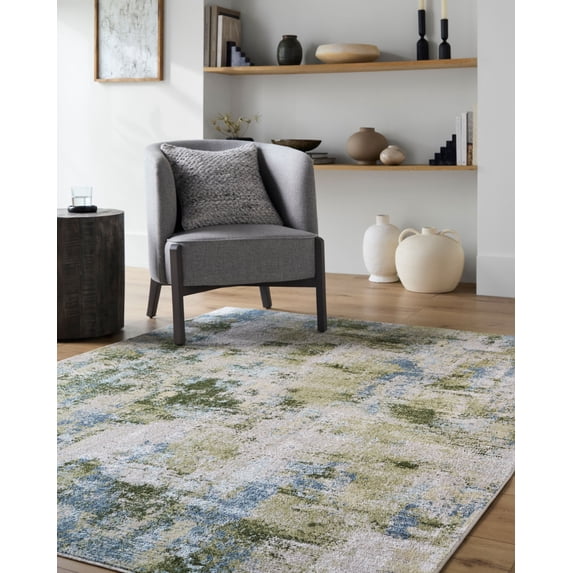 Mark&Day Washable Rugs, 6ft Round Kamron Modern Sage Green Area Rug, Dark Green Olive Dark Blue Carpet for Living Room, Bedroom or Kitchen (6'7" Round, Machine Washable)