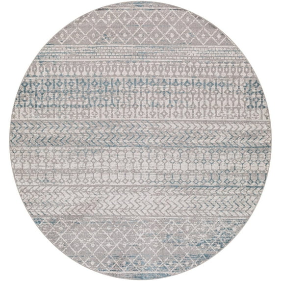 Mark&Day Washable Rugs, 7ft Round West Terre Haute Global Taupe Area Rug, Blue Beige Carpet for Living Room, Bedroom or Kitchen (6'7" Round, Machine Washable)