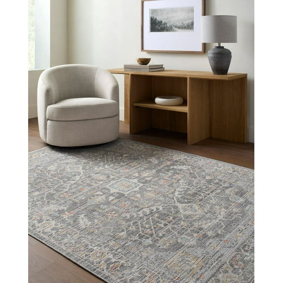 Mark&Day Washable Rugs, 7x9 Ashwin Traditional Medium Gray Area Rug, Medium Gray Light Gray Beige Carpet for Living Room, Bedroom or Kitchen (6'7" x 9'2", Machine Washable)