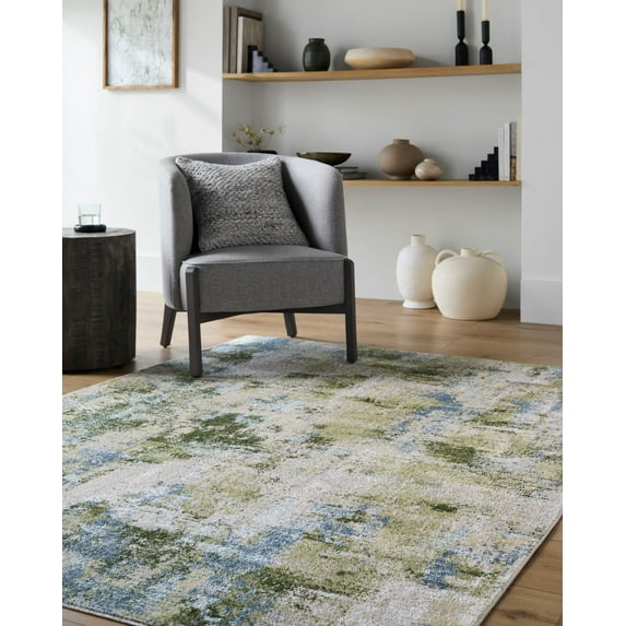Mark&Day Washable Rugs, 7x9 Kamron Modern Sage Green Area Rug, Dark Green Olive Dark Blue Carpet for Living Room, Bedroom or Kitchen (6'7" x 9', Machine Washable)