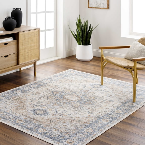 Mark&Day Washable Rugs, 8x8 Estill Traditional Beige Square Area Rug, Oatmeal Gray Dark Blue Carpet for Living Room, Bedroom or Kitchen (7'10" Square,Machine Washable)