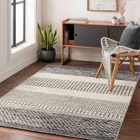 Mark&Day Wool Rugs, 5x7 Tervoort Global Black Area Rug, Blue Beige Carpet for Living Room, Bedroom or Kitchen (5' x 7'6")