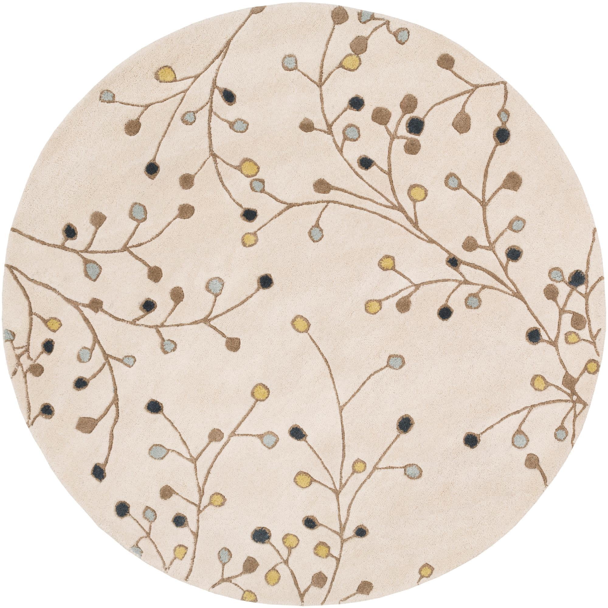 Khaki and Blue Wool Tufted Round Area Rug, 6ft