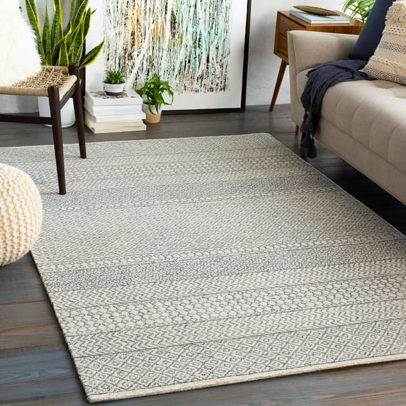 Mark&Day Wool Rugs, 6x9 Anglet Global Charcoal Oval Area Rug, Beige Charcoal Carpet for Living Room, Bedroom or Kitchen (6' x 9' Oval)