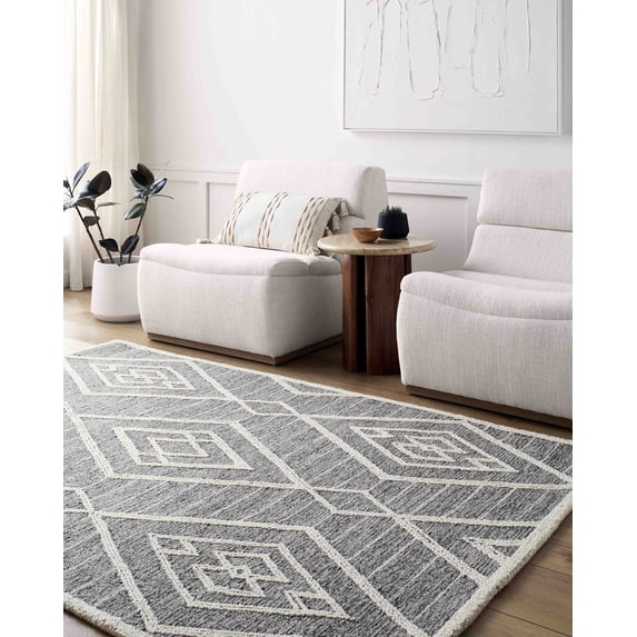 Mark&Day Wool Rugs, 5x7 Ajit Global Grey Area Rug, Grey White Carpet for Living Room, Bedroom or Kitchen (5' x 7'6")