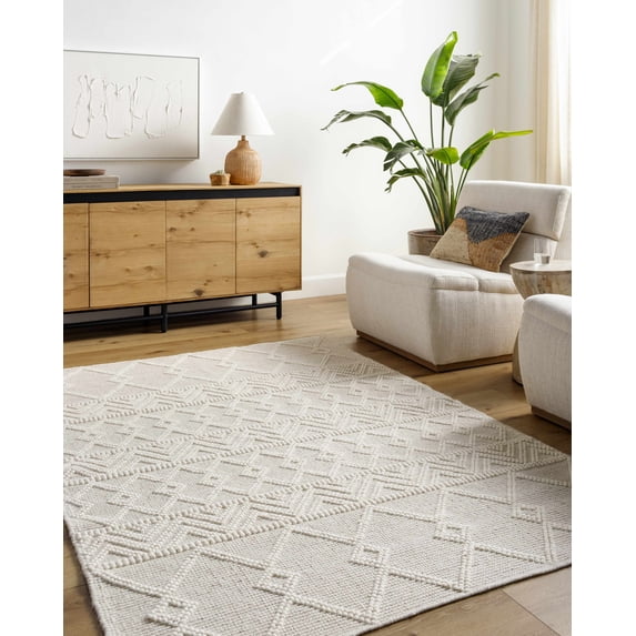 Mark&Day Wool Rugs, 8x10 Veneburen Global Light Beige Area Rug, White Silver Carpet for Living Room, Bedroom or Kitchen (8' x 10')