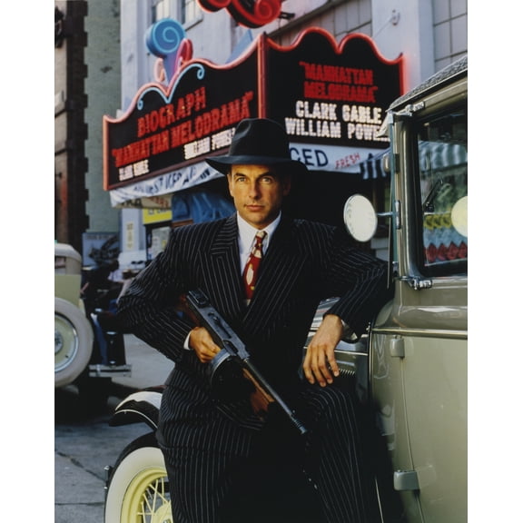 Mark Harmon Posed Holding a Thompson Drum Machine Gun in Black Hat and Suit Photo Print (8 x 10)