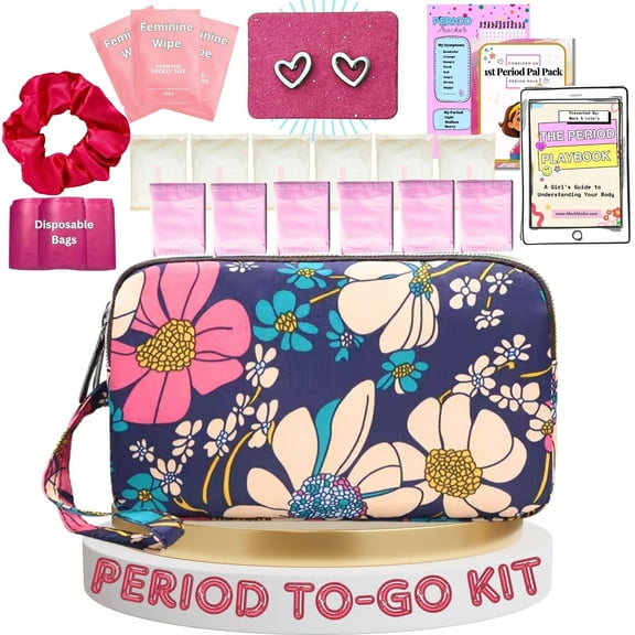 Mark and Lola's First Period Pal Pack to-Go Kit | 24 pcs | First Period Kit for Tweens | Teen Period Kit| Discrete Period Bag, Pads, Panty Liners, Period Kits for Tweens 10-12 (Flowers)