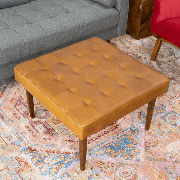 Mark Mid-Century Tufted Tan Genuine Leather Upholstered Square Ottoman with Solid Wood Legs