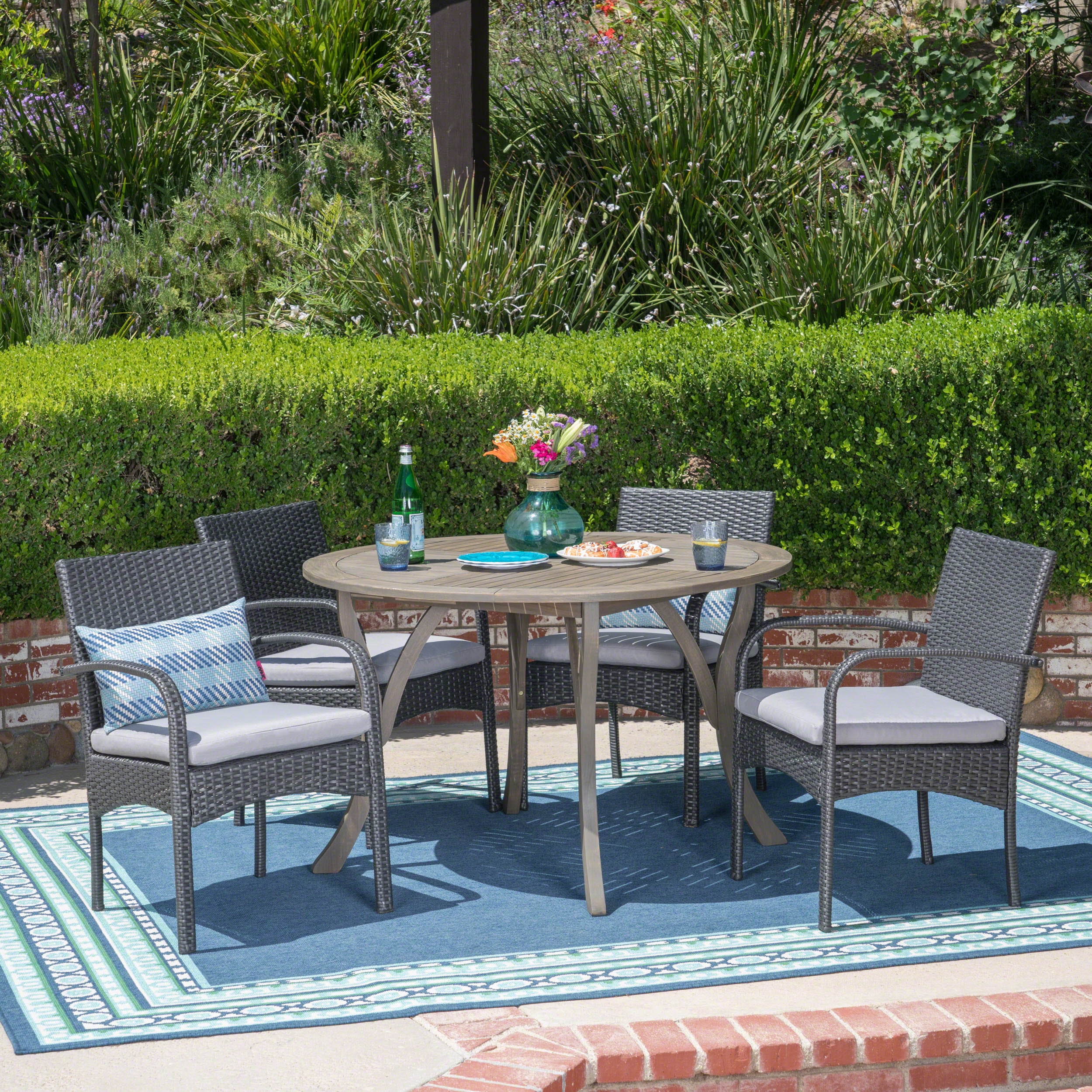Gray Iron and Wicker 5-Piece Outdoor Dining Set with Cushions