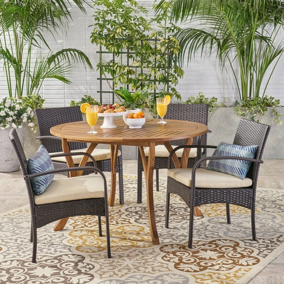Mark Outdoor 5 Piece Acacia Wood and Wicker Dining Set with Cushions, Teak, Multi Brown, Cream