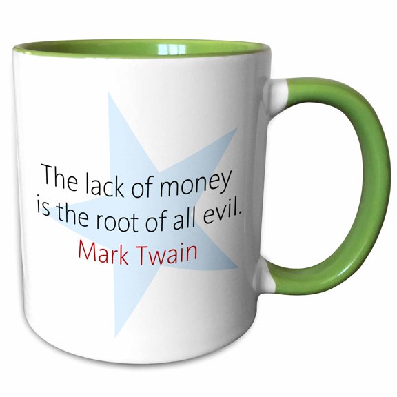 3drose, Mark Twain Quotes - Lack of Money, 15oz Two-tone Green Mug