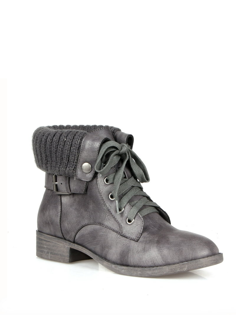 Mark Maddux Women's Grey Combat Boots with Sweater-Knit Fold