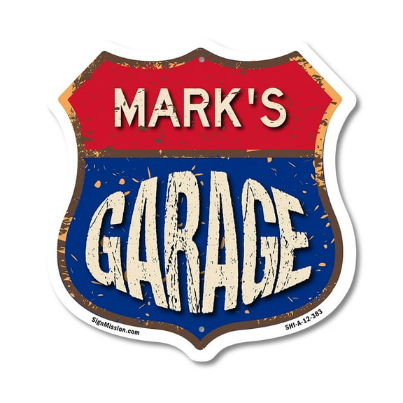 Mark's Garage 12 inch X 12 inch Shield-Shaped Rust-Free Aluminum Metal Sign Weather Resistant, UV Protected To last, Gift for Dads and Uncles Classic Americana Crafted in the USA