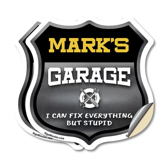 Mark's Garage I Can Fix Everything But Stupid (2 Pack) 6 inch X 6 inch Shield Shaped Heavy Duty 3.2 mil Vinyl Decals To last, Gift for Dads and Uncles Classic Americana Crafted in the