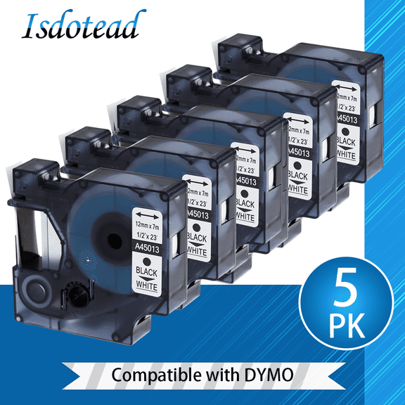 MarkDomain 5 Pack Label Maker Refills Replacement 45013 S0720530 Black on White 1/2 Inch Label Tape Compatible for DYMO Label Maker