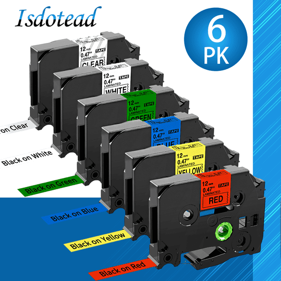 Isdotead 6PK Compatible for Brother P-touch TZe 131 231 431 531 631 731 12mm Black on Clear Laminated Label Maker Tape, 0.47" x 26.2ft (White/Clear/Red/Blue/Yellow/Green)