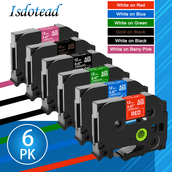 6 Pack Replacement for Brother P Touch TZe TZ Tape 12mm Laminated Label Maker Tape for Brother Ptouch Label Maker, White on Red/Blue/Green/Black/Pink/Gold on Black