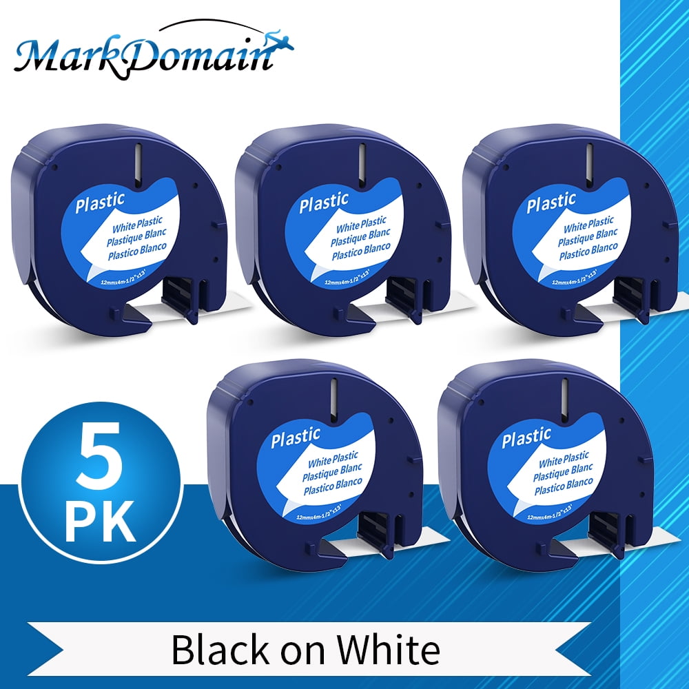 Markdomain Label Replacement 91331 LT Plastic Label Tape 1/2 x 13' (12mm x  4m) Black on White Compatible for DYMO Letratag Refills,5 Pack