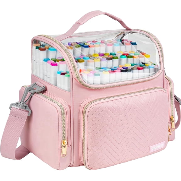 Art Marker Organizer Case Holds 180-300 Markers, Portable Travel Storage Bag with Dividers & 4 Pockets for Paint Brushes Colored Pencils, Bag Only, Pink