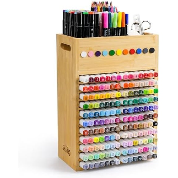 Marker Organizer for Desk - 154 Capacity Wooden Marker Holder - Ergonomic Handles - Additional Art Supply Storage Rack for 130 Alcohol Markers, Pens, and Pencils - Desktop Stand for Markers - Bamboo