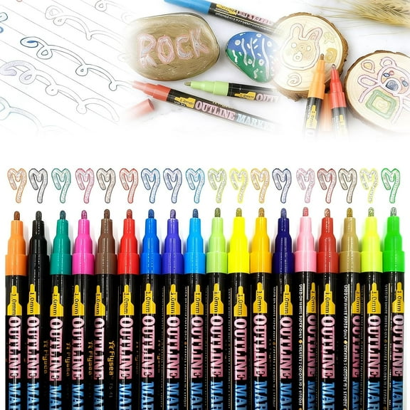 Marker Pen for Highlight, 2025 Dual-Line Outline Shimmer Markers Set, Metallic Paint Markers for DIY Art Crafts Drawing Supplies, Scrapbook Supplies, Coloring, Gift (18 Colors)