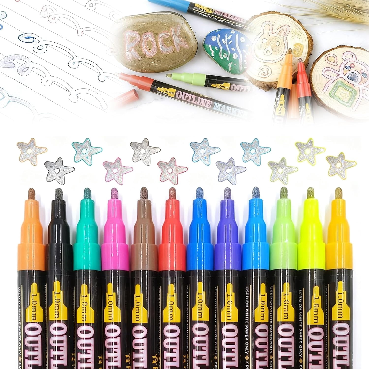 Marker Pen for Highlight, 2025 Dual-Line Outline Shimmer Markers Set, Metallic Paint Markers for DIY Art Crafts Drawing Supplies, Scrapbook Supplies, Coloring, Gift (12 Colors)