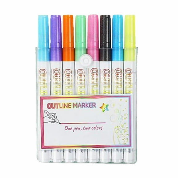 Marker Pen for Highlight, 2025 New Dual-Line Highlighter Outline Marker Set, Metallic Paint Markers for Black Paper Pens Glitter Markers Scrapbook Supplies (8 Color) 5.3Inches