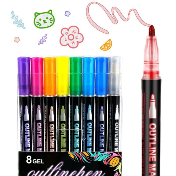 Marker Pen For Highlight – Outline Shimmer Markers, Double Line Self‑Outline Metallic Glitter Pens & Super Squiggles Glitter Marker Set For Card, Scrapbook, Craft, Arts Supplies (8-Color)