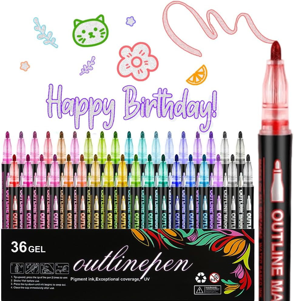 Marker Pen for Highlight, Outline Shimmer Markers Double Line Self-Outline Metallic Glitter Pens Super Squiggles Glitter Marker Set for Card Scrapbook Craft Arts Supplies(8)