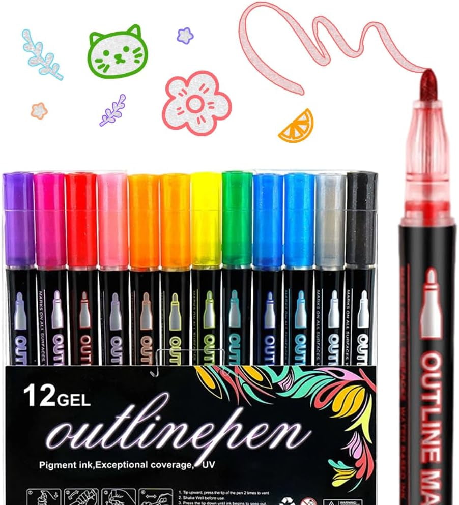 Marker Pen for Highlight, Outline Shimmer Markers Double Line Self-Outline Metallic Glitter Pens Super Squiggles Glitter Marker Set for Card Scrapbook Craft Arts Supplies(8)