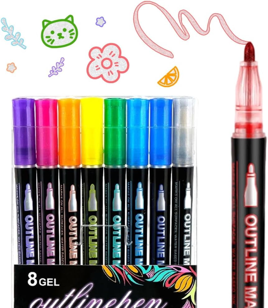 Marker Pen for Highlight, Outline Shimmer Markers Double Line Self-Outline Metallic Glitter Pens Super Squiggles Glitter Marker Set for Card Scrapbook Craft Arts Supplies(8)