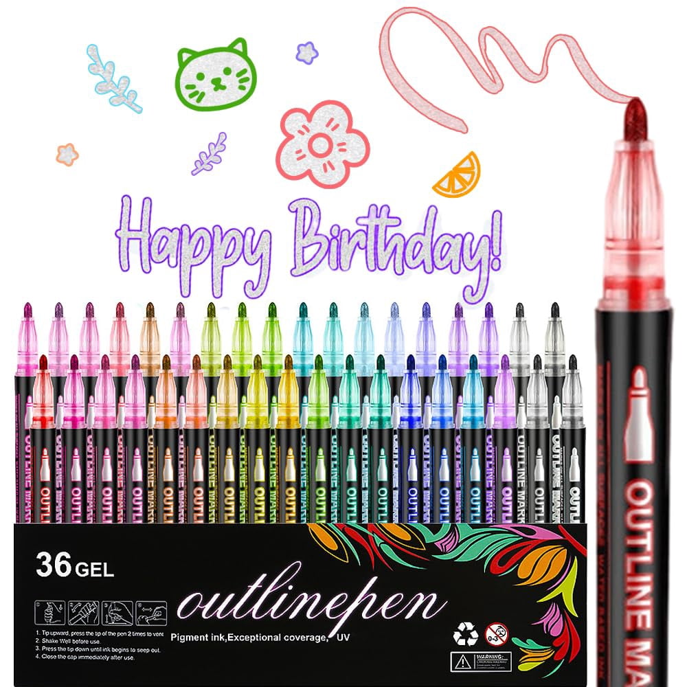 Marker Pen For Highlight – Outline Shimmer Markers, Double Line Self‑Outline Metallic Glitter Pens & Super Squiggles Glitter Marker Set For Card, Scrapbook, Craft, Arts Supplies (36-Color)