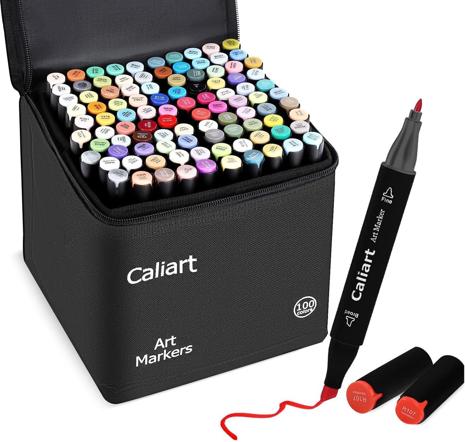 Markers, 100 Colors Dual Tip Art Markers Sketch Pens Permanent Alcohol Based, with Case for Adults Artists Drawing Illustration Sketching Coloring (Black Barrel)