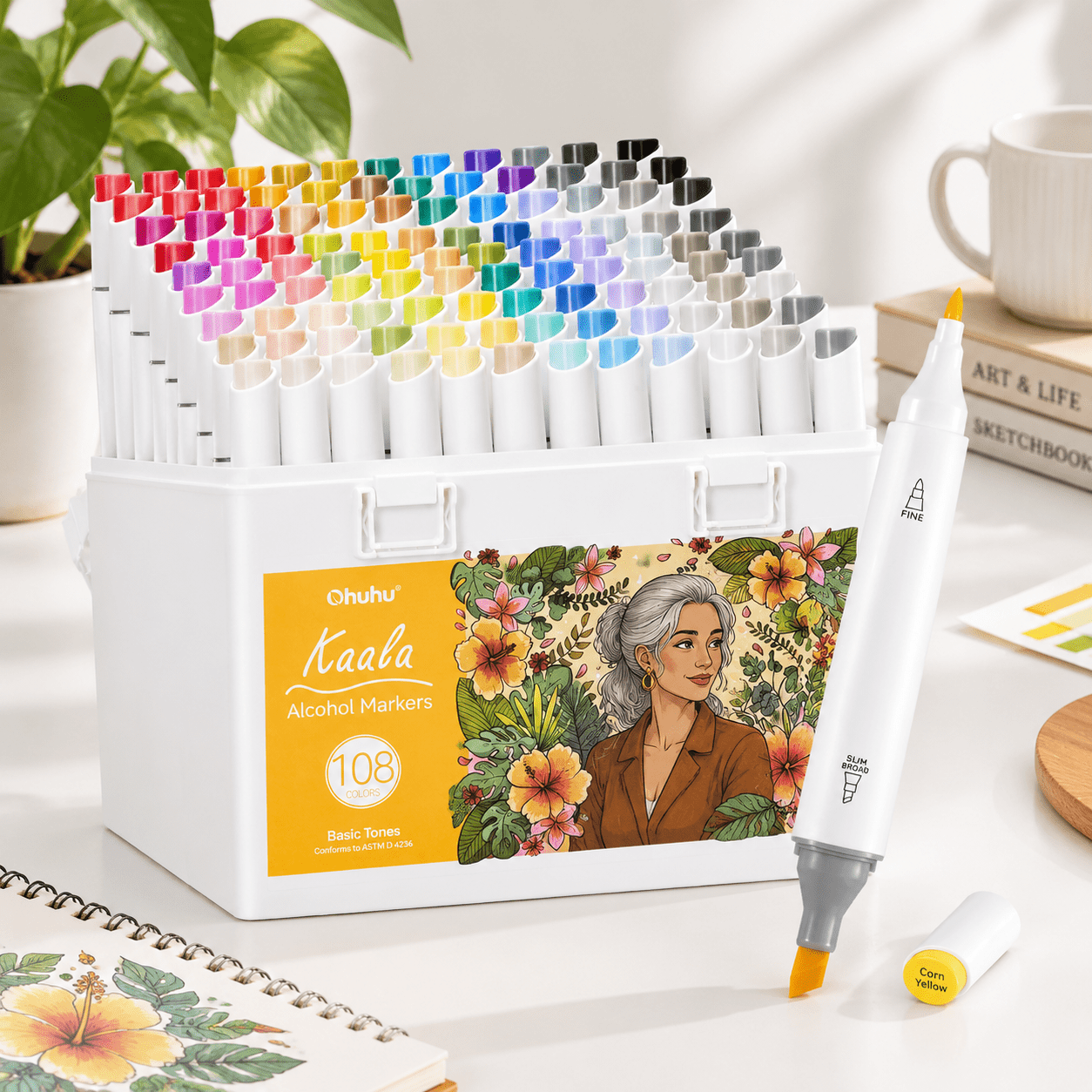 Markers 108 Vibrant Colors + 1 Colorless Blender, Fine & Slim Broad ...