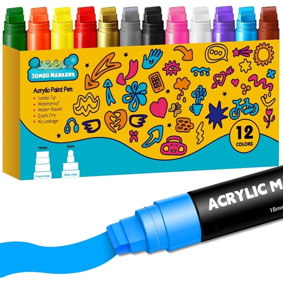 Markers - 12 Colors Markers with 15mm Felt Tip Pens, Permanent Ink for Rock Painting, Stone, Ceramic, Glass, , Canvas, Outdoor Art & Signs
