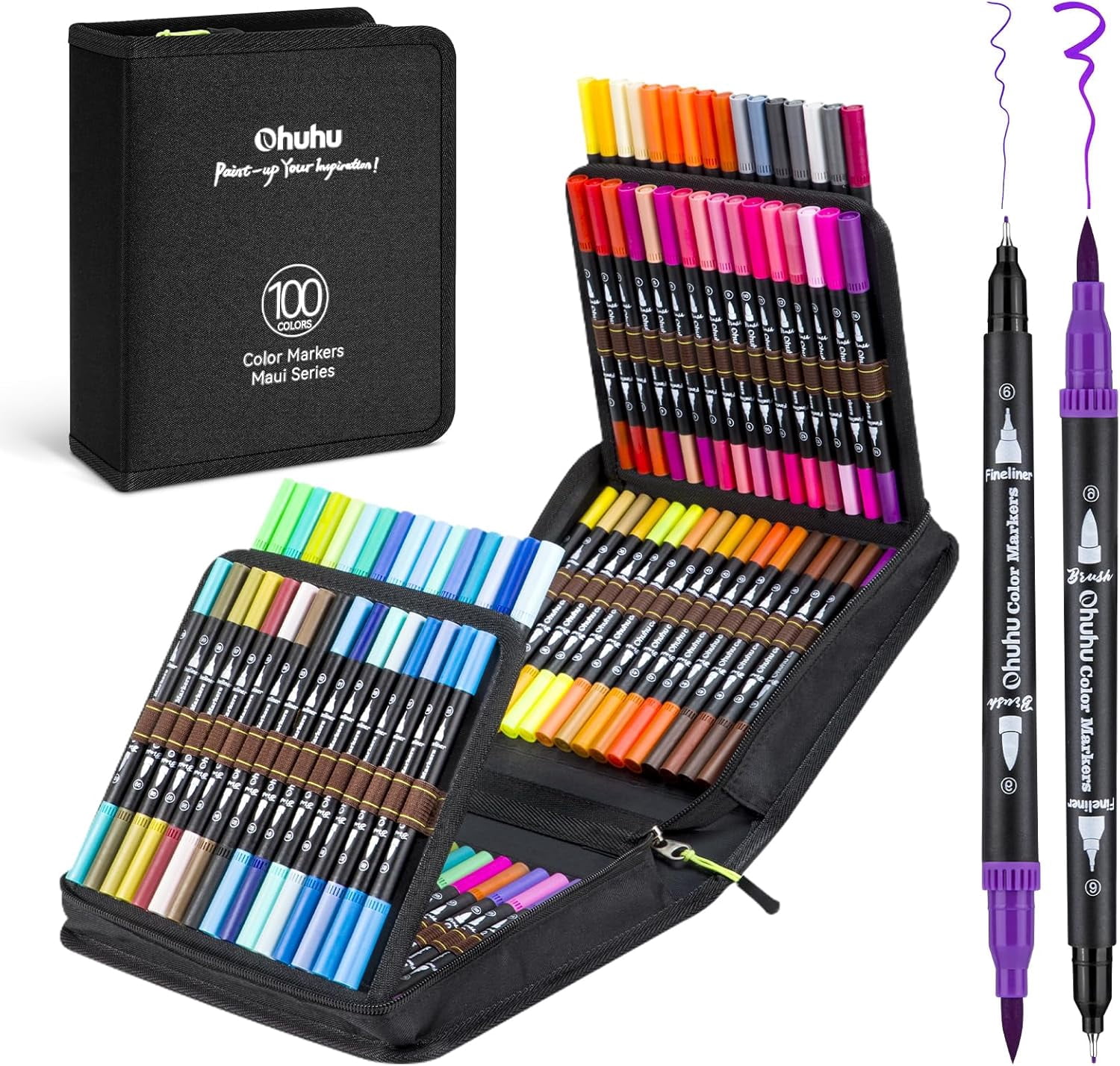 Markers for Adult Coloring Books: 100 Colors Brush Pens Dual Brush Fine Tip Drawing Pens Water-Based Coloring Markers for Calligraphy Bullet Journal with Carrying Case - Maui - Black