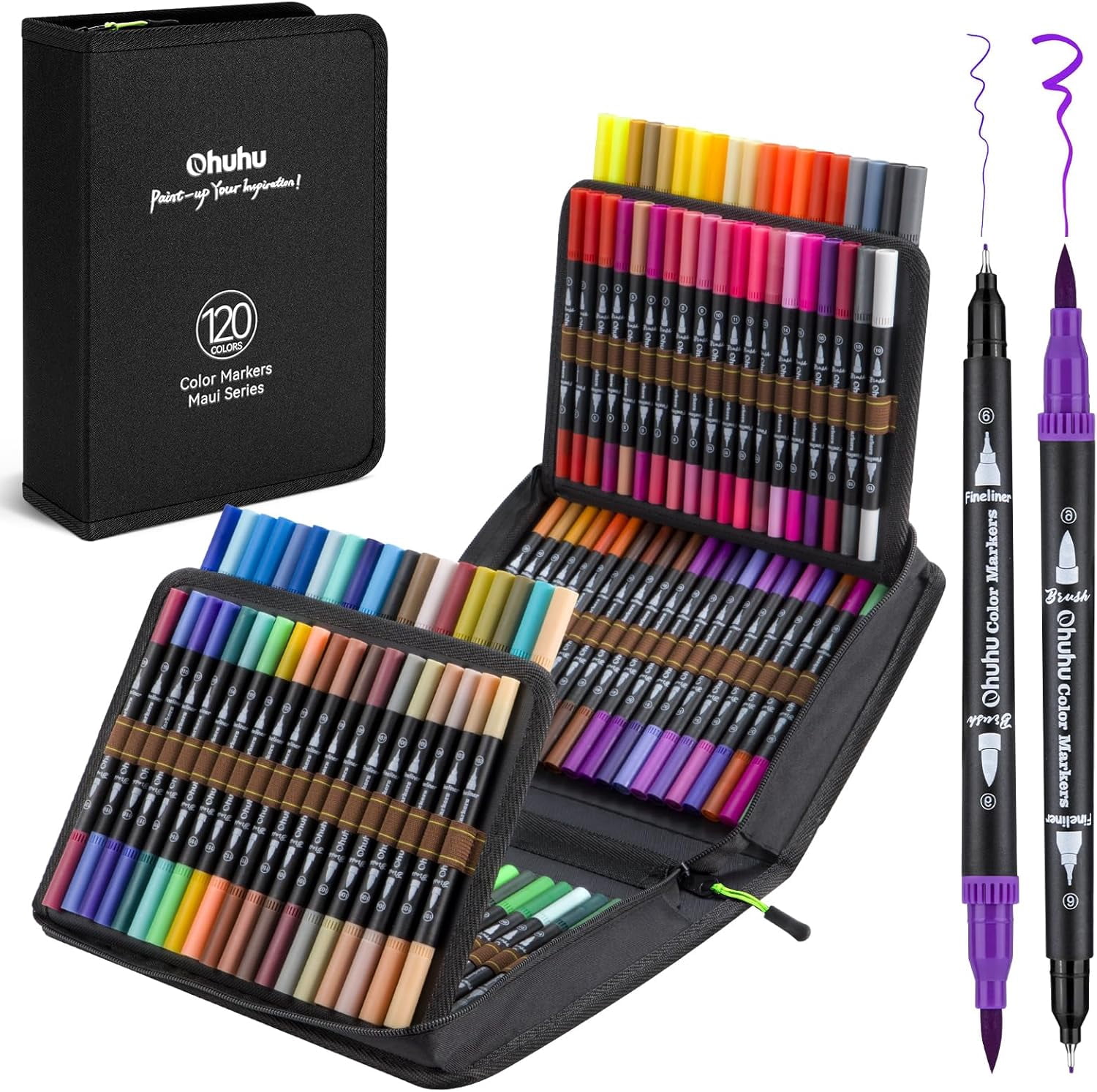 Markers for Adult Coloring Books: 120 Colors Brush Pens Dual Brush Fine Tip Drawing Pens Water-Based Coloring Markers for Calligraphy Bullet Journal with Carrying Case - Maui - Black