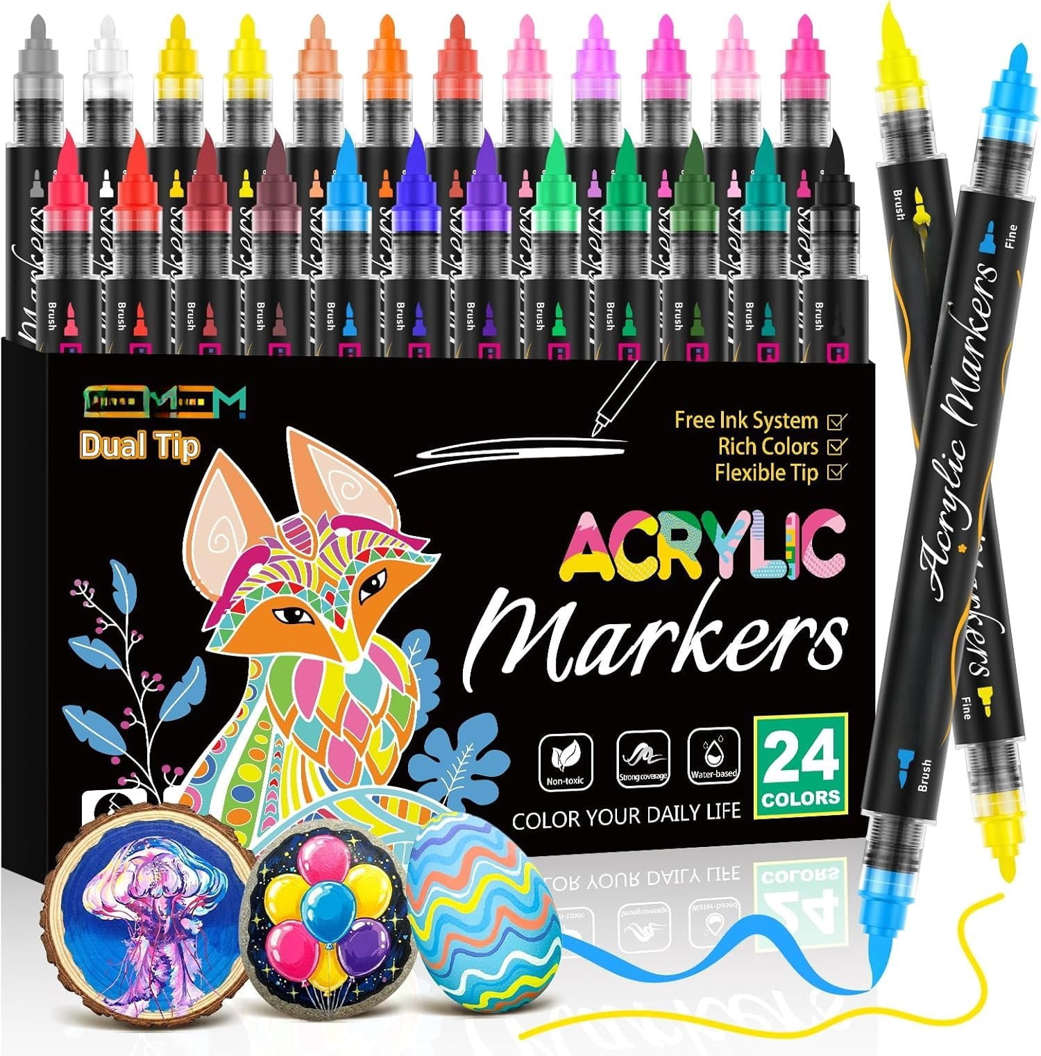 Markers Dual Tip, 24 Colors High Capacity Automatic Ink Control Markers ...