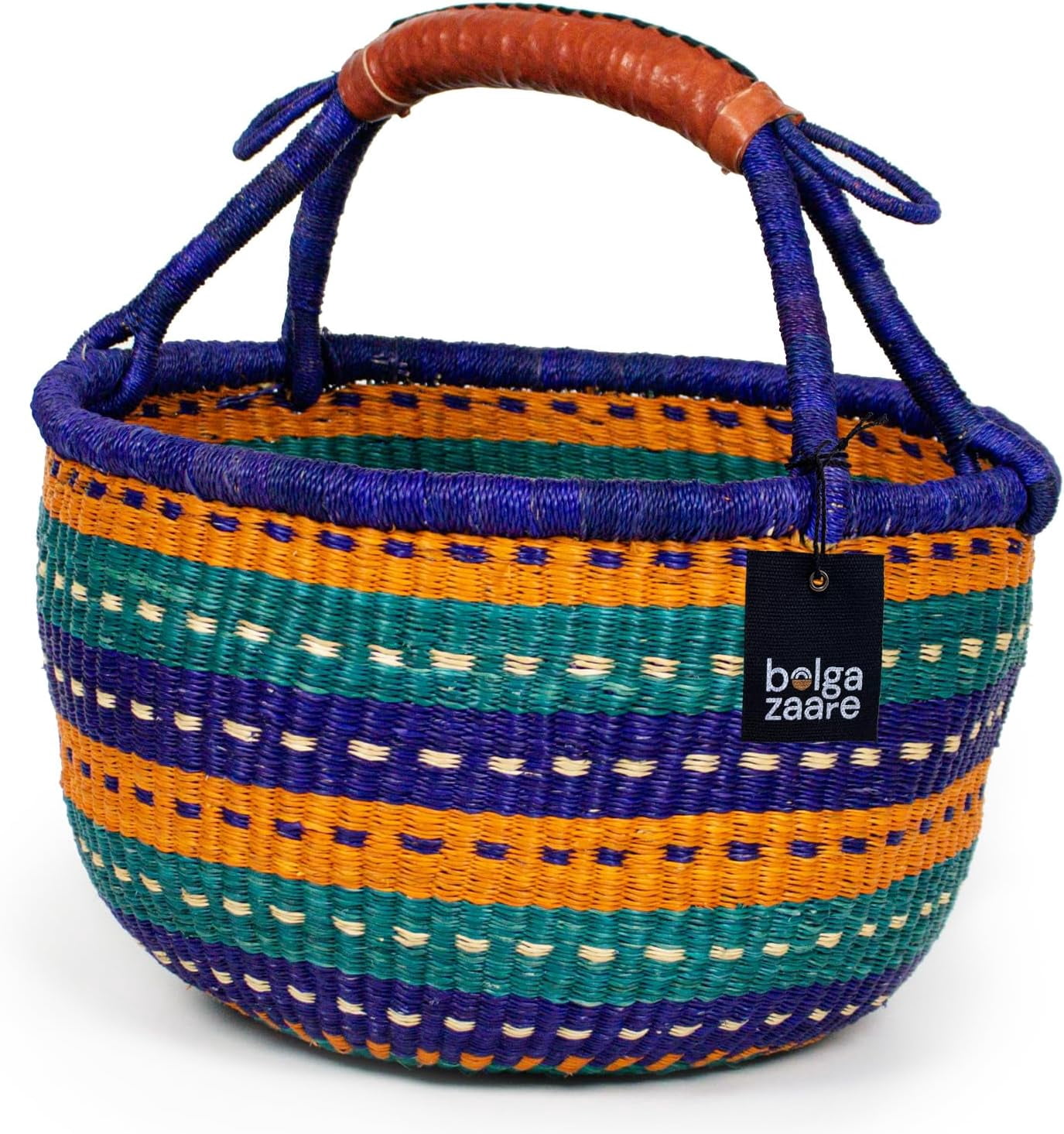 Handwoven Market Basket From Ghana - Natural & Midnight Color With Red Handle