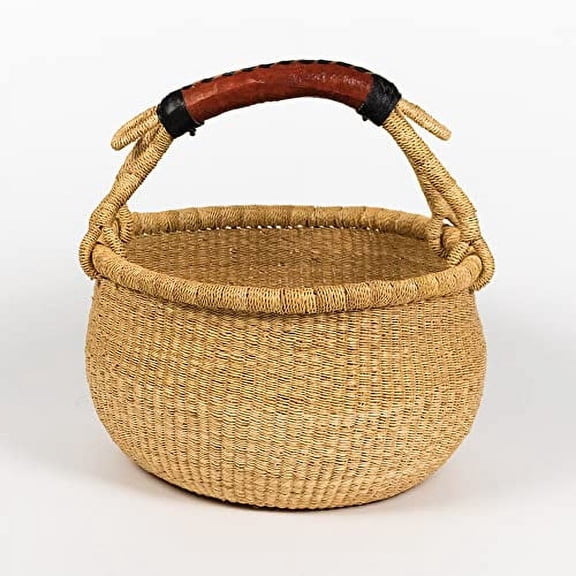 Market Basket, Handmade in Ghana by Women Artisans, Natural, Large, 16"-18" Diameter x 9"-10" H, RED Handle (1 Basket)