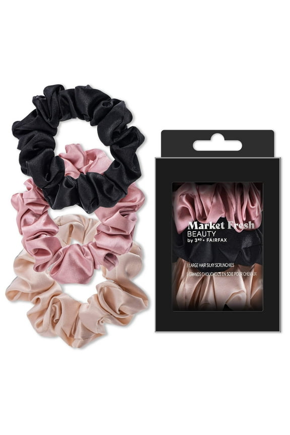 Market Fresh Beauty Silk Hair Scrunchies, 3 Pack - Large Silk Scrunchies for All Hair Types, Prevents Hair Breakage Crease-Free Styling - Luxurious Soft Pink, Beige, and Black