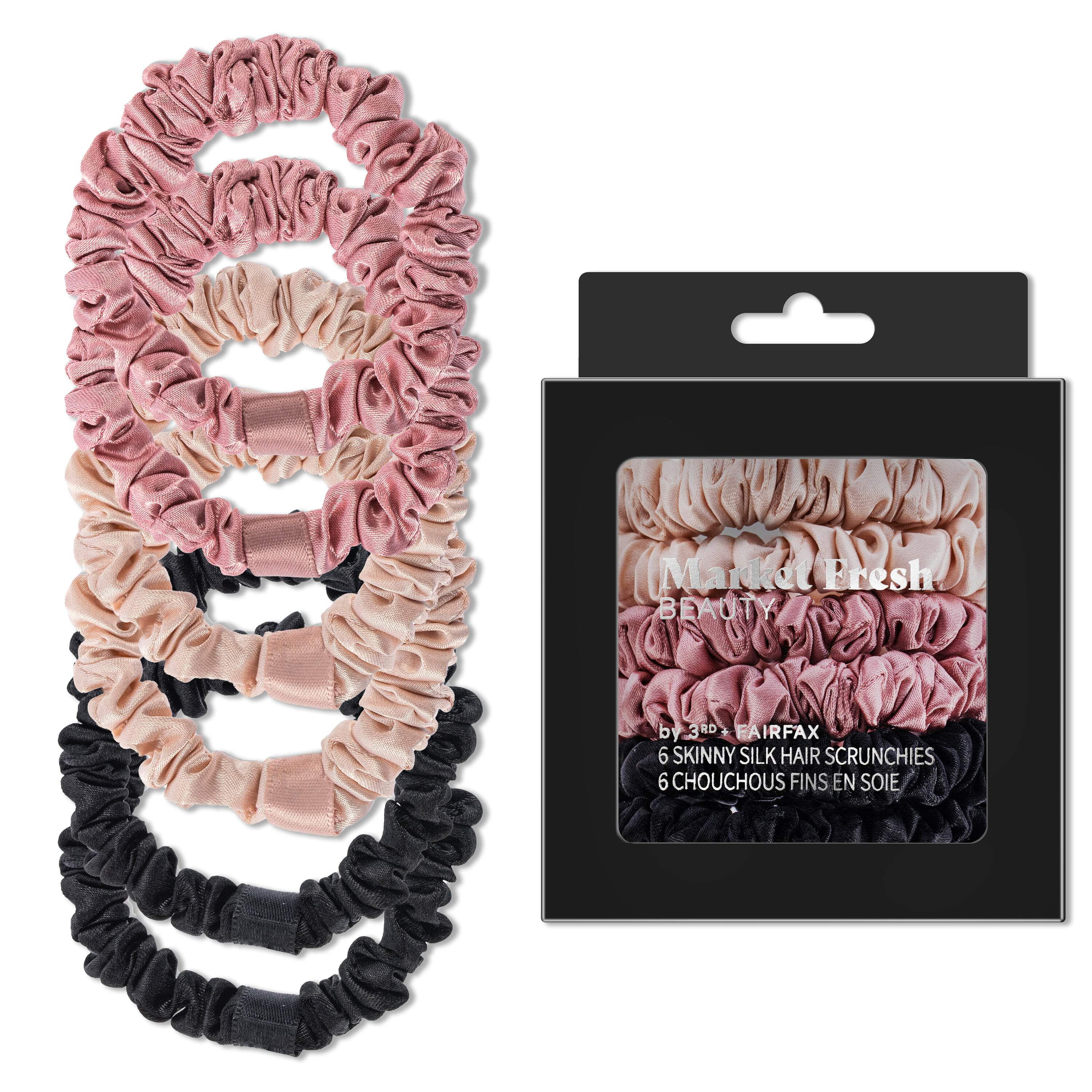Market Fresh Beauty Silk Skinny Hair Scrunchies, 6 Pack - Silk Hair Ties for All Hair Types, Prevents Hair Breakage  Crease-Free Hold - Elegant Beige, Blush Pink, Black