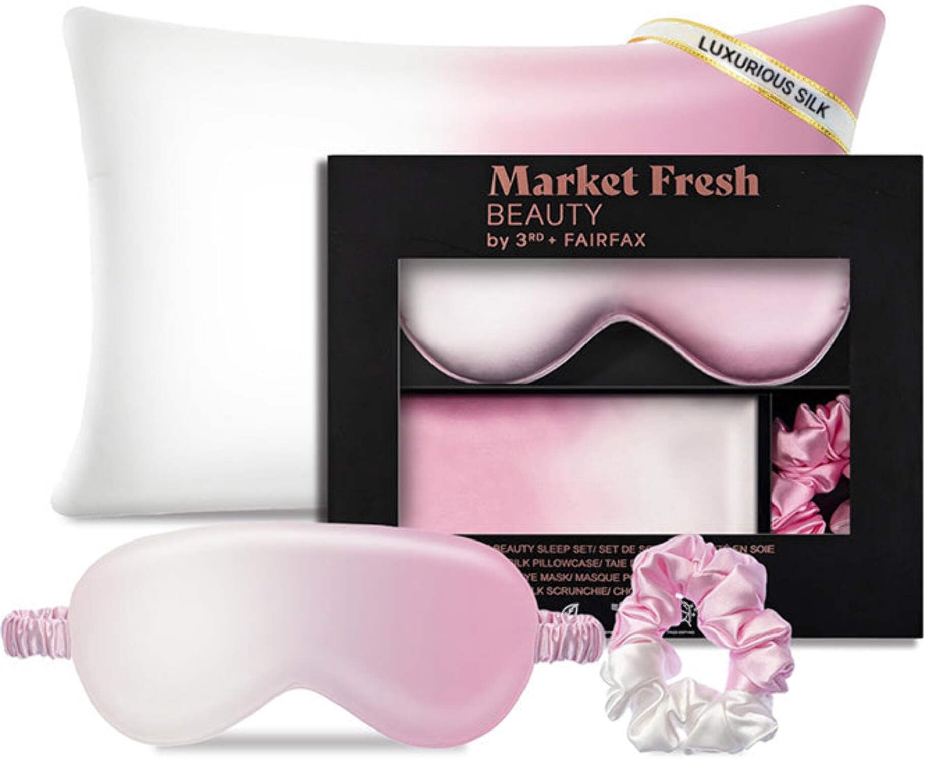 Market Fresh Beauty Silk Sleep Set, Pillowcase, Eye Mask and Hair Scrunchie, Silk, Pink  White Gradient