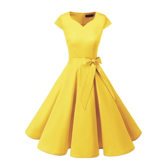 Market In The Box Women's 50s Vintage Dress Cap Sleeve Rockabilly Swing Dress Floral Polka Dot Cocktail Dress With Belt