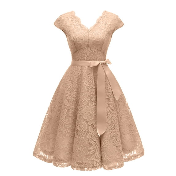 Market In The Box Women's Lace Dress Vintage V Neck Cocktail Party Dress Cap Sleeve Bridesmaid Dress with Belt