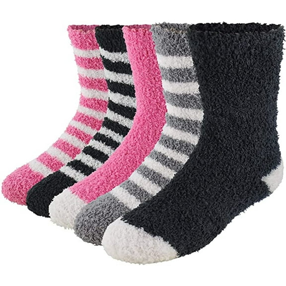 Market & Layne Adult Fuzzy Socks / Soft Cozy Crew Socks for Women - 5 Pairs