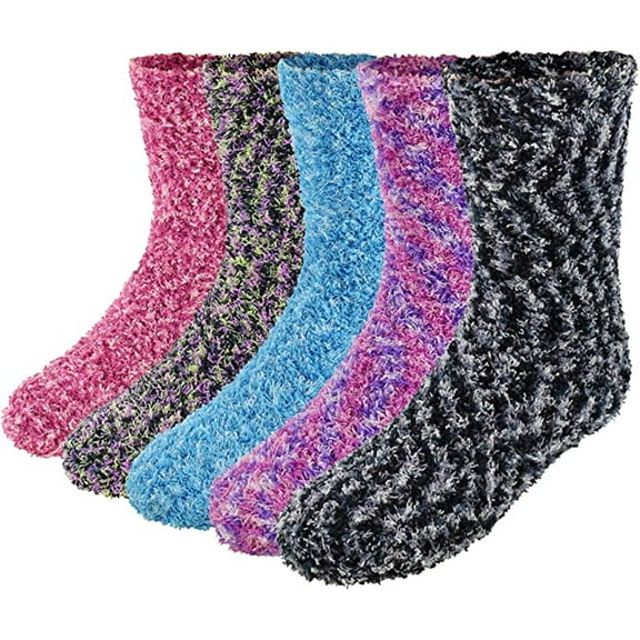 Market & Layne Adult Fuzzy Socks / Soft Cozy Crew Socks for Women - 5 Pairs