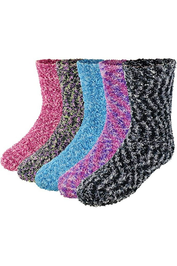 Adult Fuzzy Socks / Soft Cozy Crew Socks for Women - 5 Pairs