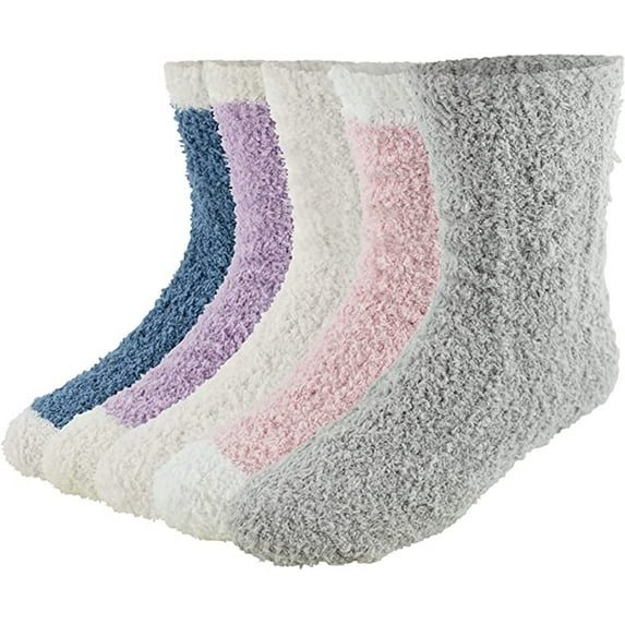 Market & Layne Adult Fuzzy Socks / Soft Cozy Crew Socks for Women - 5 Pairs